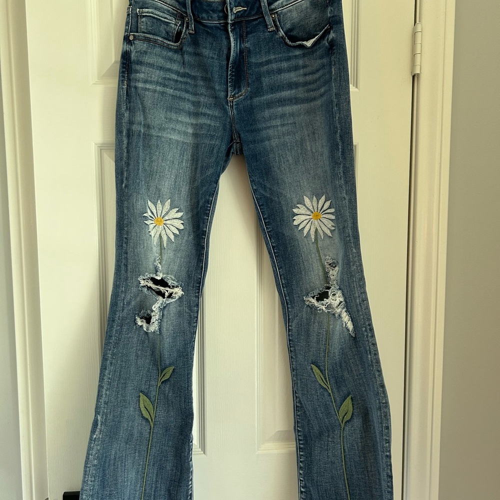 DRIFTWOOD Blue Flare Jeans with Floral Embroidery